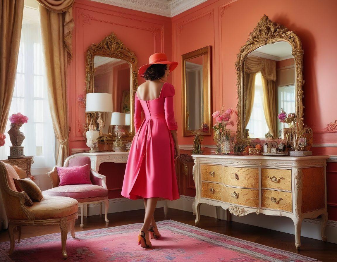 A fashionista standing in front of an ornate mirror, trying on a variety of dazzling outfits that shine in different colors and textures. Surrounding her are accessories like elegant jewelry, shoes, and hats, creating a vibrant atmosphere. The room is bathed in soft, warm light, emphasizing the allure and confidence of the woman. Delicate patterns and stylish fabrics float around her, giving a sense of movement and transformation. elegant style, super-realistic, vibrant colors.