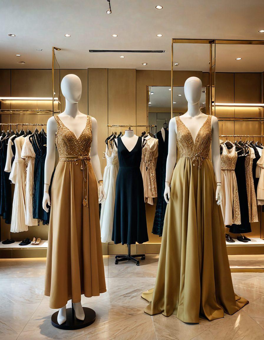 A chic boutique interior showcasing exquisite clothing racks adorned with elegant dresses and accessories, bathed in soft, warm lighting. A stylish mannequin displays a signature outfit, while a full-length mirror reflects the essence of personal style. In the background, a stylish woman is browsing through the collection with a confident smile, embodying elegance and allure. opulent decor elements such as gold accents and lush greenery enhance the sophisticated atmosphere. super-realistic. vibrant colors. 3D.